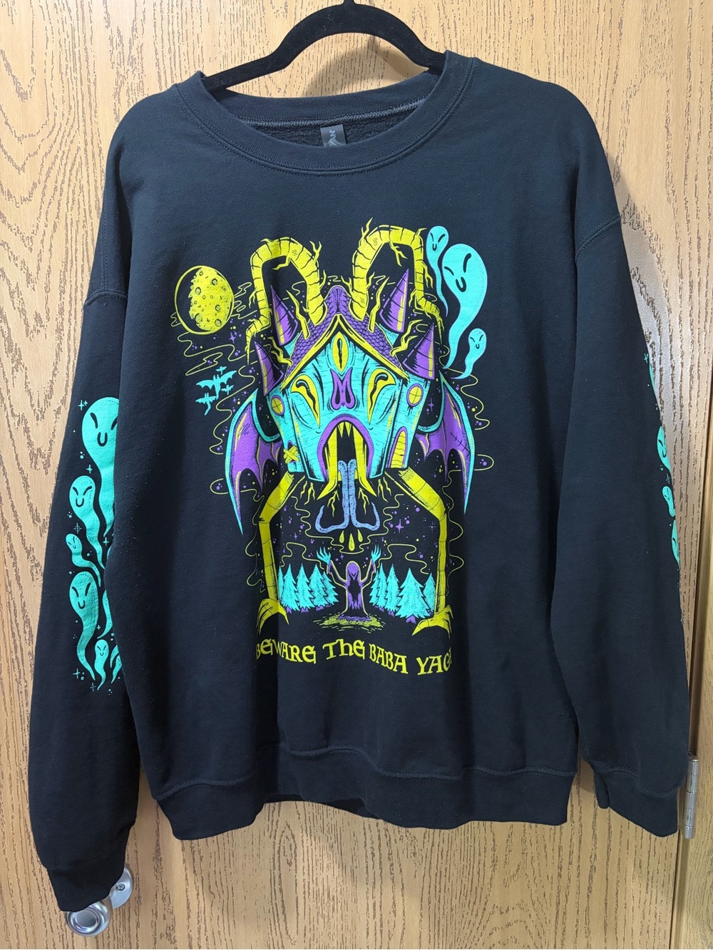 Black Graphic Crewneck Sweatshirt with Baba Yaga & Ghost Design